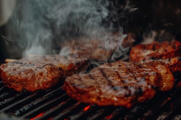 Close-up of juicy steaks sizzling on a grill with rising smoke, capturing the essence of barbecue