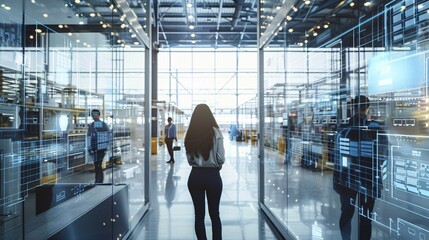 Digital Transformation concept. Back view of staff members working diligently in a glass-walled room, overlooking a warehouse background. digital data overlays enhance the scene. Generative AI