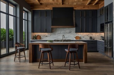 Industrial Dark Grey And Wood Kitchen Design With Marble Countertop