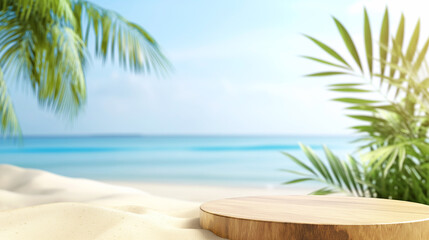 Podium wooden pattern Summer display, pile of sand, palm leaf coconut tree, summer beach background