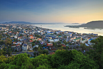 The scenery of Songkhla City top view from Tang Kuan Mountain (Khao Tangkuan Viewpoint) Famous...