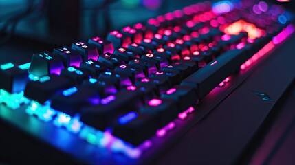 A backlit keyboard with blue and purple lights.

