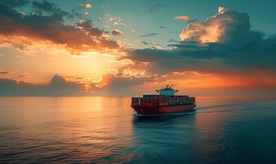 Naklejka premium aerial view ultra large container vessel at sea. box ship spelled containers hip on a beautiful ocean with lot of containers. sunset or twilight on the background.