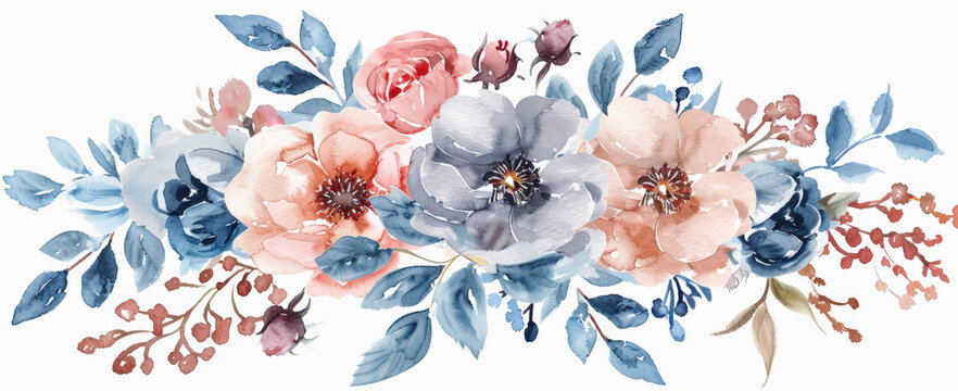 Hermoso fondo de acuarela con arreglo floral formando una cenefa horizontal en tonos suaves pastel, azul, rosa, rojo y beige, sobre fondo blanco de papel o lienzo
