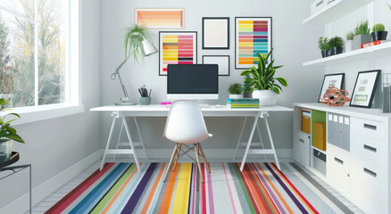 Modern home office with white desks, chairs and colorful striped rug, featuring modern art on the wall in the style of various artists, computer monitors for work or study