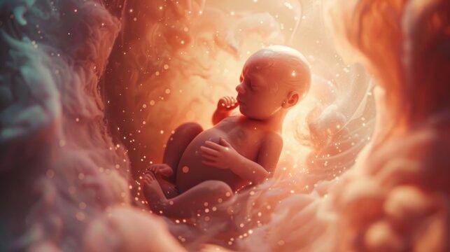 Little human baby inside mother womb. Small embryo in uterus. Cute unborn child sleep in belly. Origin beginning of life concept. Woman pregnancy. Tiny innocent infant grow. Childbirth medical science