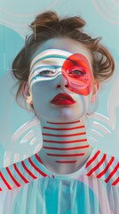 Woman with painted face and striped outfit, set against an pastel colors spiral background. Artistic makeup, futuristic innovation fashion style. Fashion Magazine cover