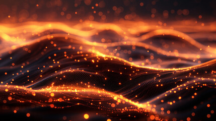 Obraz premium Abstract background of glowing particles on a wire mesh landscape.