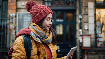 A young woman in a winter coat, scarf, and hat using a smartphone while walking in a city street.