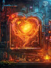 Steel walls decorated with heart-shaped steel frames. and the light bulb turns on steam punk