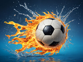 A soccer ball is surrounded by fire and water, Generative Ai