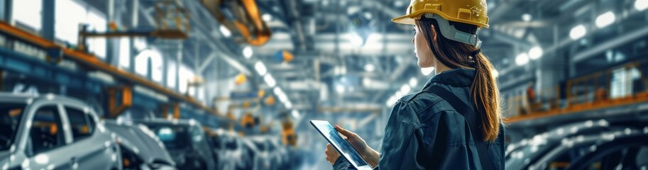 A female engineer utilizes a tablet to oversee operations in an automotive manufacturing facility, ensuring quality control and efficient production processes in the automotive industry