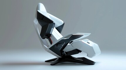 A futuristic white and gray gaming chair with a high back and a headrest.


