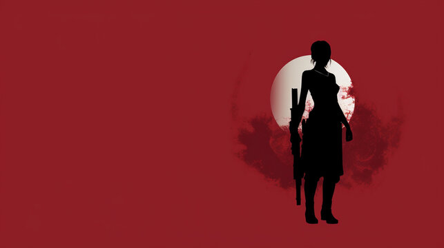 silhouette of a woman in a red dress, hoding a rifle