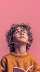 a kid lost in the world of books, his glasses reflecting the page's text, with a solid pink backdrop