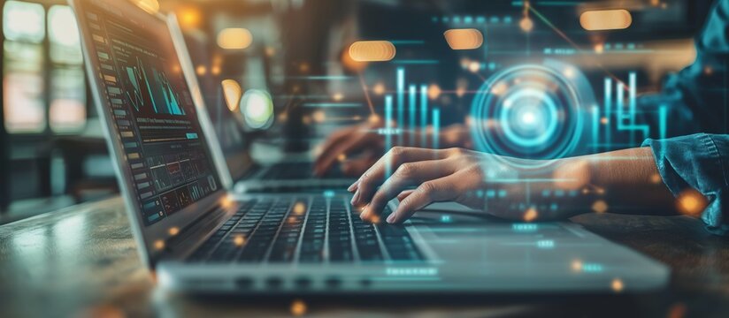 In the modern office, a professional utilizes cuttingedge technology for digital analysis, incorporating data visualization and HUD tools on a laptop, showcasing futuristic work in the tech field