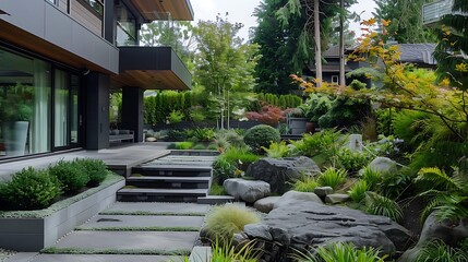 Obraz premium Modern Architectural Marvel: A Sleek Contemporary House Amidst Nature's Embrace, Captured in Perfect Harmony at -70F, Emanating Tranquility and Timeless Elegance