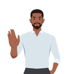 Young business man making or showing stop gesture sign with hand, saying no. Flat vector illustration isolated on white background