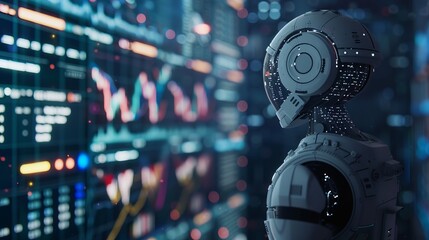 Robot Standing in Front of Computer Screen and analyzing trading data or managing investments in the cryptocurrency market