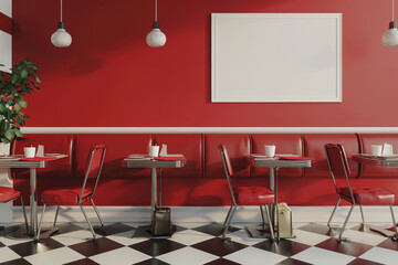 Restaurant With Checkered Floor and Red Walls