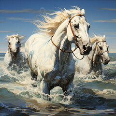 White wild horses running in the sea waters