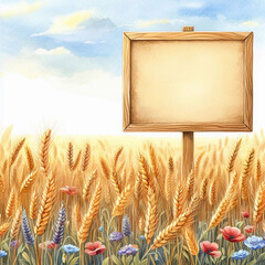 Wooden frame on the background wheat field.