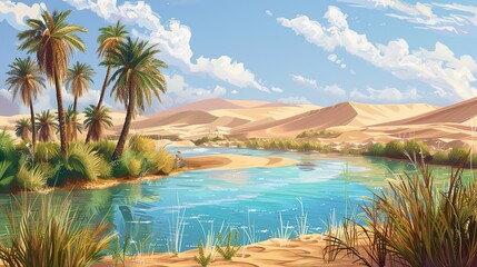 This is an image of an oasis in the desert. There are palm trees, water, and plants.

