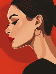 A woman with black hair and red lipstick, retro poster , vector stock graphic