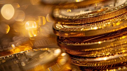 Shining Treasures Mesmerizing Close-Up Photograph of Pristine Gold Coins Display.