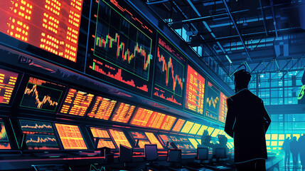 Illustration of an epic trading room with stock market data on screens, featuring a lone businessman observing the charts