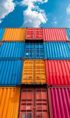 Fototapeta premium Colorful stack of cargo shipping containers in shipping yard with beautiful clear sky. vertical. 