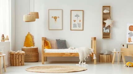 Obraz premium Bright child bedroom interior with wooden furniture, designer accessories. generative ai
