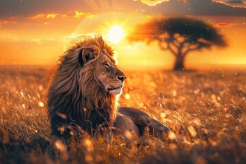Naklejka premium Lion sitting in field at sunset