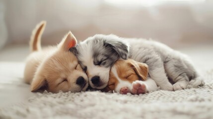 Cat and dog sleeping together. Kitten and puppy taking nap. Love and friendship. generative ai