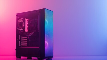 A black desktop computer case with a tempered glass side panel and a rainbow LED strip on the front.

