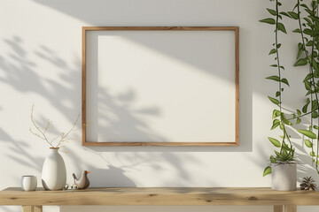 Small horizontal wooden frame mockup in scandi style interior with trailing green plant in pot bird and shelf on empty neutral white wall background. A4 A3 format. 3d rendering illustration