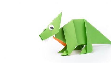 Animal extinct reptile or bird concept origami isolated on white background of a dinosaur, with copy space, simple starter craft for kids