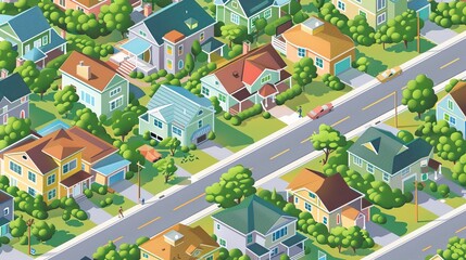 An isometric view of a suburban neighborhood with houses, yards, trees, and a street with a red car on it.