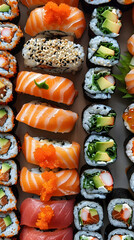 delicious sushi and rolls with salmon, caviar and avocado