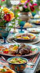Fototapeta premium Close-Up of Eid Table Setting, Eid feast, Islamic celebration, Family feast.