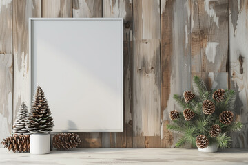 Square interior mock up with snowy pine cones on empty wooden wall background. 3D rendering.