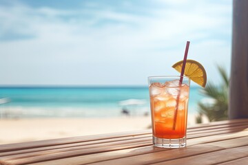 Exotic summer cocktails sandy beach in the background