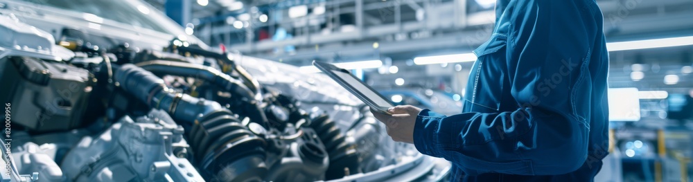 Poster In an automotive factory, a professional engineer with technical expertise is using a tablet to inspect a car engine, illustrating integration of technology in manufacturing processes