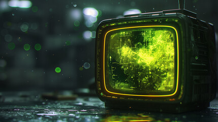 Retro Television with Green Glow in Dark, Rainy Setting