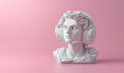 Portrait of a man marble sculpture from the Greek era with modern gaming headphones, in front of a solid pink background