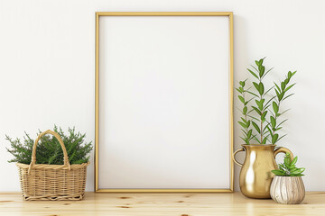 Square poster mockup with golden metal frame standing on wooden table and decorated with jug and...