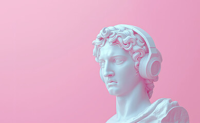 Portrait of a man marble sculpture from the Greek era with modern gaming headphones, in front of a solid pink background