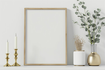 Square poster mockup with wooden frame eucalyptus branches in vase and brass candle holders on...
