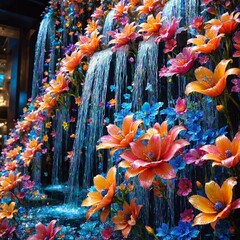 A colorful waterfall with flowers cascading down, including orange, blue, and pink flowers.
