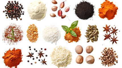 Different spice and seasoning placed in a flat layout isolated on a transparent background, PNG, Ai © PNG Stocks